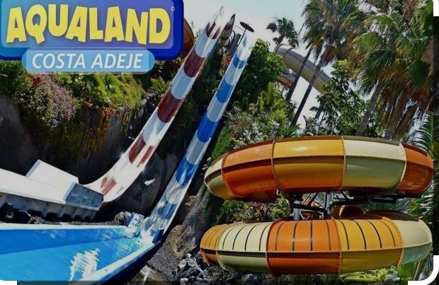 Az Aqualand Costa Adeje tábla a vízicsúszdák előtt